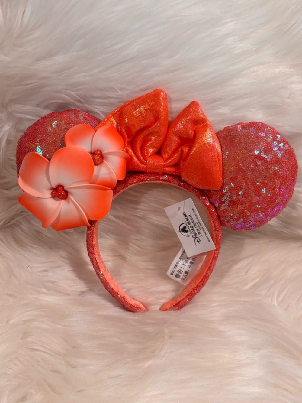 Shanghai Disney Resort Coral Plumeria Sequin Minnie Ears NWT - Picture 2 of 8